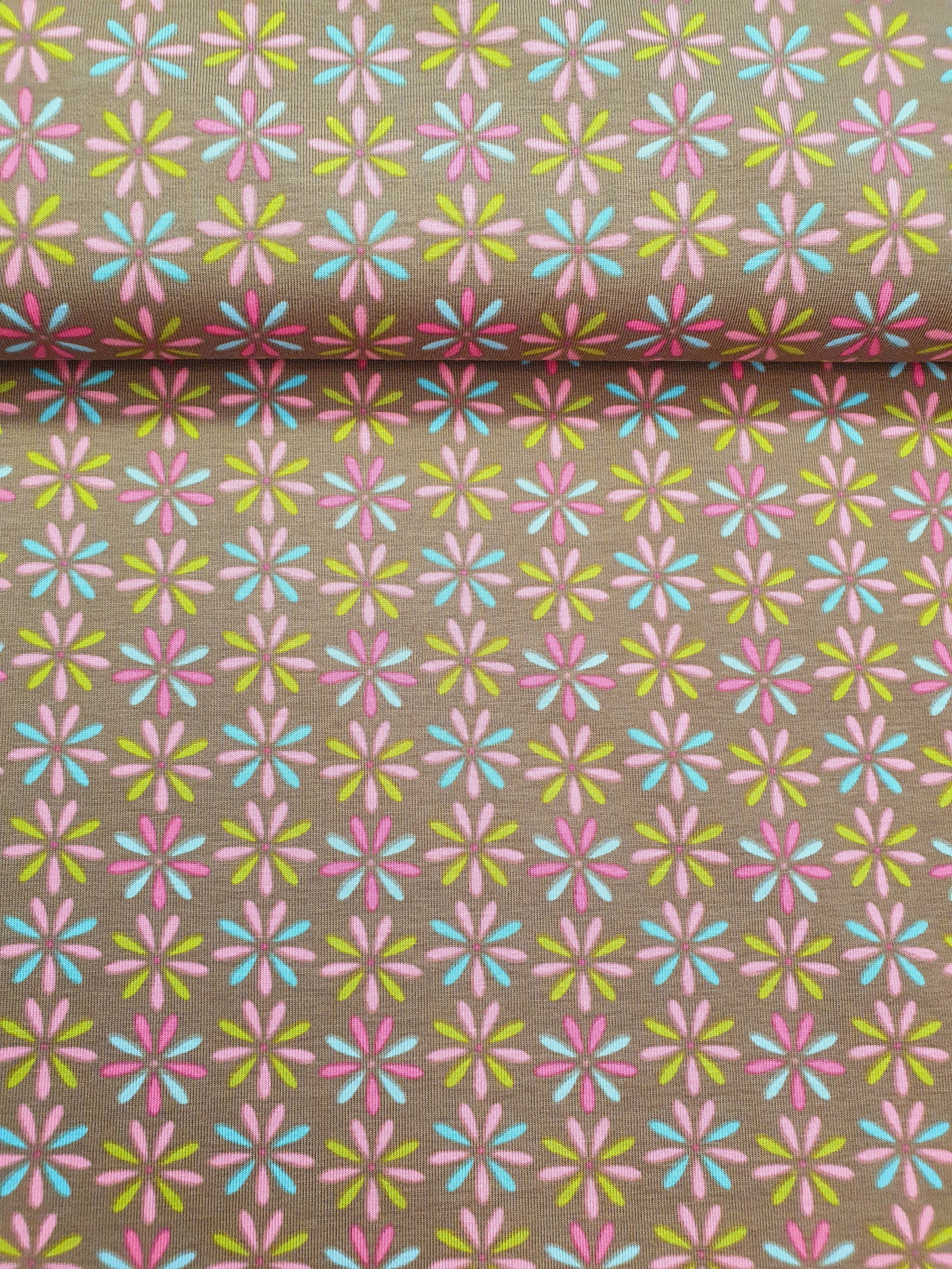Jersey in taupe with flowers in pink/green/turquoise by Stenzo
