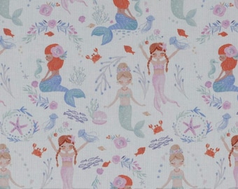 hochwertige Baumwollpopeline von Verhees Textiles, Digitaldruck in weiss mit Meerjungfrauen, Zertifikat: OEKO-TEX Standard 100