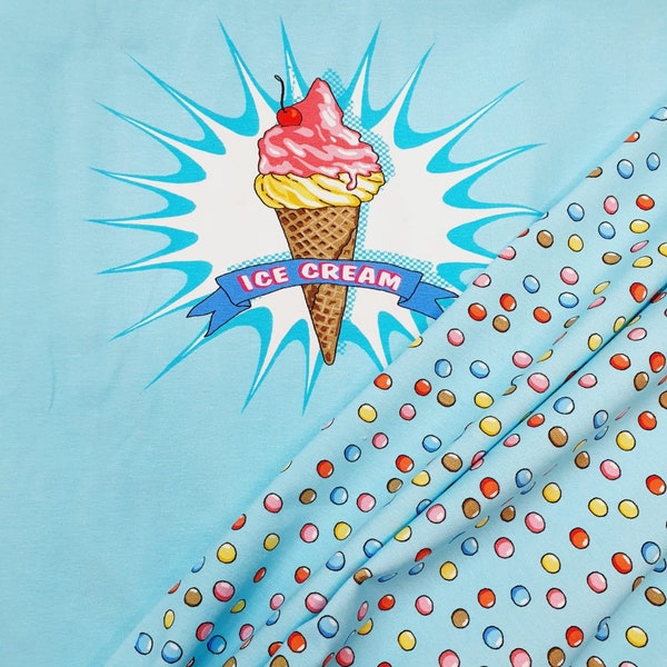 hochwertiger Jersey "Ice Cream Panel" von Hilco,  türkis mit Eistüte und bunten Kreisen in Digitaldruck und ÖKO-TEX-Zertifikat