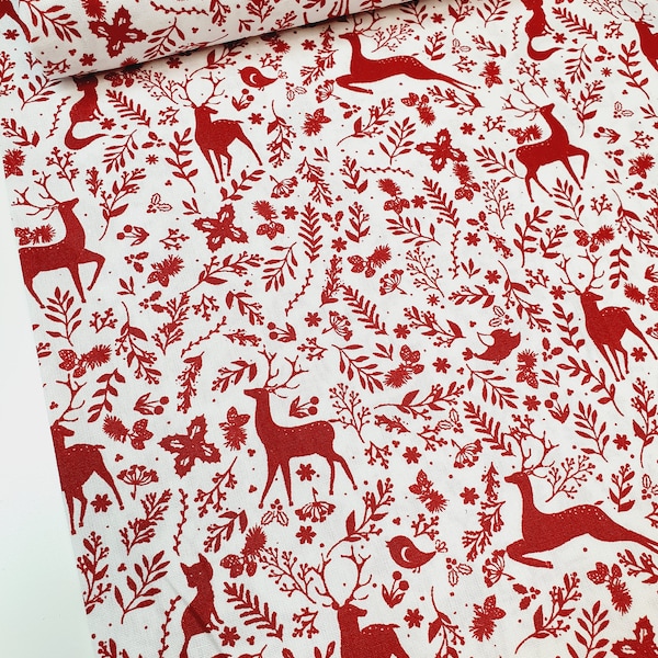 weicher Baumwollstoff "Deer White-red" von Quality Textiles, weiß mit roten Hirschen in Digitaldruck und ÖKO-TEX-Zertifikat