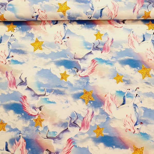 Jersey "UNICORN IN SKY" von Quality Textiles hellblau/weiß mit weiß/pinken Einhörnern