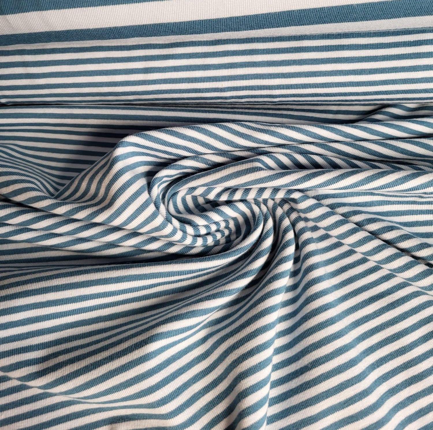 high-quality cotton jersey from Quality Textiles, petrol blue striped, with Oeko-Tex certificate