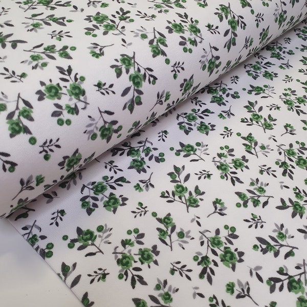 hochwertiger Interlock-Jersey "SMALL FLOWERS" von Quality Textiles weiß mit Blumendruck grün und Öko-Tex-Zertifikat