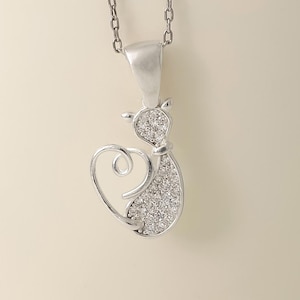 Sterling Silver Cat Pendant Necklace: Cubic Zirconia Charm