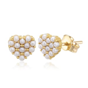 Gold Tone Heart Stud Earrings: Sterling Silver Pearl Dainty Earrings