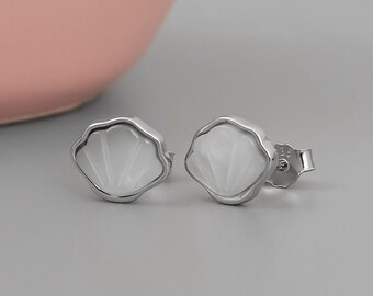 Sterling Silver Seashell Stud Women Earrings: Mother of Pearl Jewelry, Dainty Piece