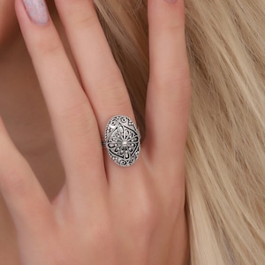 Sterling Silver Rings For Women, Boho Adjustable Tribal Textured Ring, Everyday Mandala Jewelry