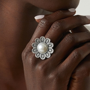 Sterling Silver Flower Pearl Ring: Adjustable Boho Statement Jewelry