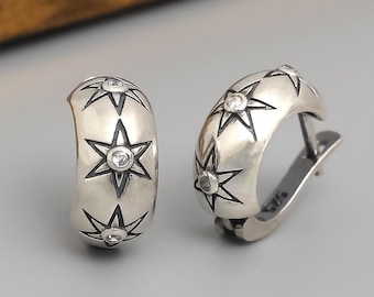 Sterling Silver Hoop Star Earrings: Boho Women&#39;s Jewelry Gift