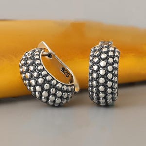 Sterling Silver Beaded Hoops: Boho Dot Women Earrings, Artisan Oxidized Retro Everyday Granulated Jewelry