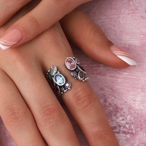 Multi Stone Sterling Silver Statement Ring: Chunky Adjustable Design