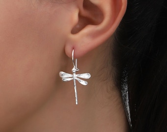 Sterling Silver Dragonfly Dangle Earrings: Minimalist Animal Jewelry