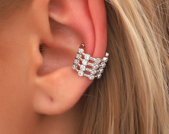 Sterling Silver Unique Ear Cuff: Abstract Zircon Chunky Sculptural Earring, Non Pierced