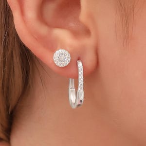 Silver Earring Set , Dainty Silver Hoop Stud Earring Set – Minimalist Earrings - Cubic Zirconia Sparkly Jewelry - Everyday Gift for Her