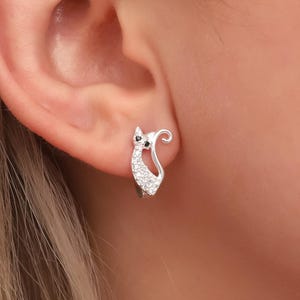 Sterling Silver Cat Stud Earrings: Zircon Kitten Jewelry