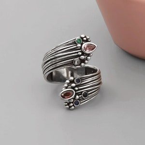 Oxidized Sterling Silver Boho Ring: Chunky Gemstone Statement, Adjustable