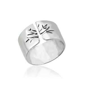 Statement Tree of Life Open Band Women's Ring: Sterling Silver Adjustable Dainty Ring