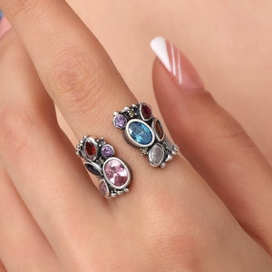 Anillo de múltiples piedras para mujer, anillo llamativo, anillo multicolor, anillo de plata con piedras, anillo multicolor ajustable de tamaño libre, regalo para ella
