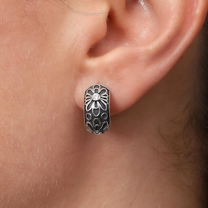 Vintage Floral Sterling Silver Hoop Earrings: Boho Style