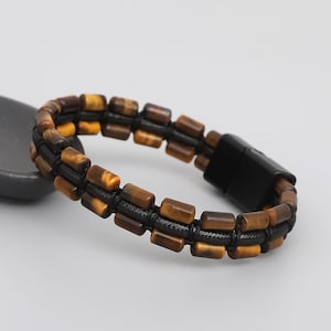 Tiger Eye Stone Men&#39;s Bracelet: Handmade Leather & Brass
