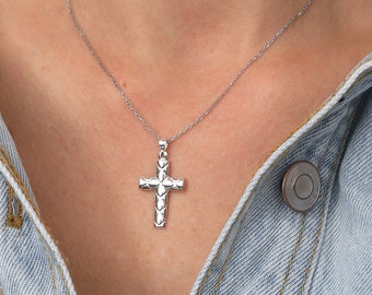 925 Sterling Silver Cross Necklace, Gift for Her, Textured Cross Necklace, Dainty Cross Pendant, Religious Necklace