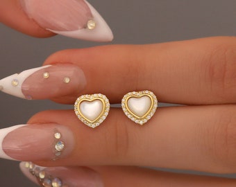 Orecchini A Cuore Per Donna - Pavé Zirconi Placcati Oro 14k - Ipoallergenici Con Perno Argento 925