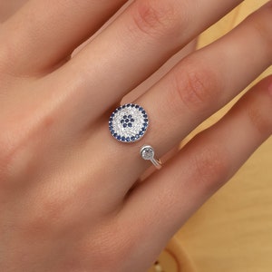 Sterling Silver Evil Eye Ring: Adjustable Women&#39;s Statement Ring