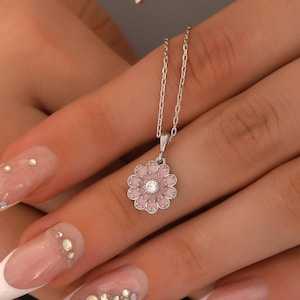 Pink Flower Sterling Silver Necklace: Minimalist Zircon Beaded Pendant