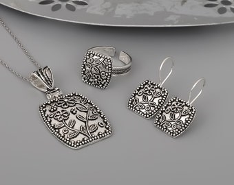 Boho Mandala Women's Jewelry Set: Oxidized 925 Sterling Silver Filigree, Bohemian Style