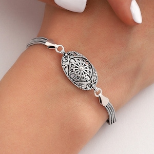 Oxidized Sterling Silver Mandala Bracelet: Boho Filigree Jewelry