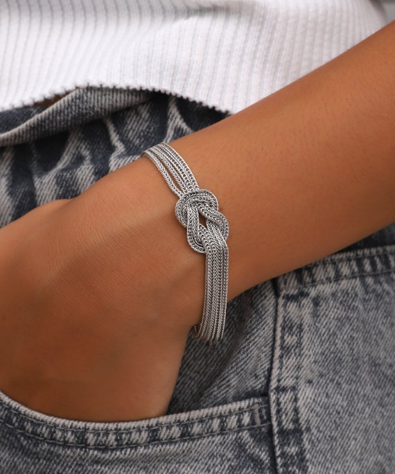 Handmade Sterling Silver Love Knot Women Bracelet: Dainty Infinity Chain Link Oxidized Jewelry