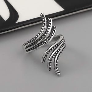 Boho Chunky Sterling Silver Wrap Women Ring: Abstract Geometric Design Oxidized Dotted Jewelry