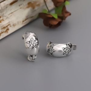 Star Earrings, Star Hoop Earrings, Women Silver Earrings, Silver Textured Earrings, Women Handmade Earrings, 925K Sterling Silver Earrings