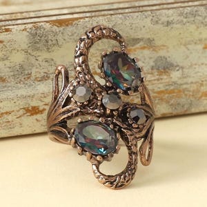Mystic Gemstone Bronze Women Ring, Vintage Statement Jewelry, Gothic Victorian Ring, Ornate Floral Boho Ring