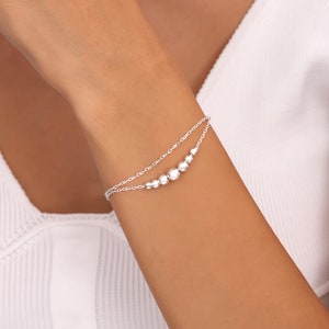 Silver Ball Women Bracelet , 925K Sterling Silver Women Bracelet, Handmade Fine Ball Beaded Chain Bracelet, Duo Beaded Silver Bracelet