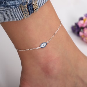 Sterling Silver Evil Eye Anklet: Zircon Stone Minimalist Design