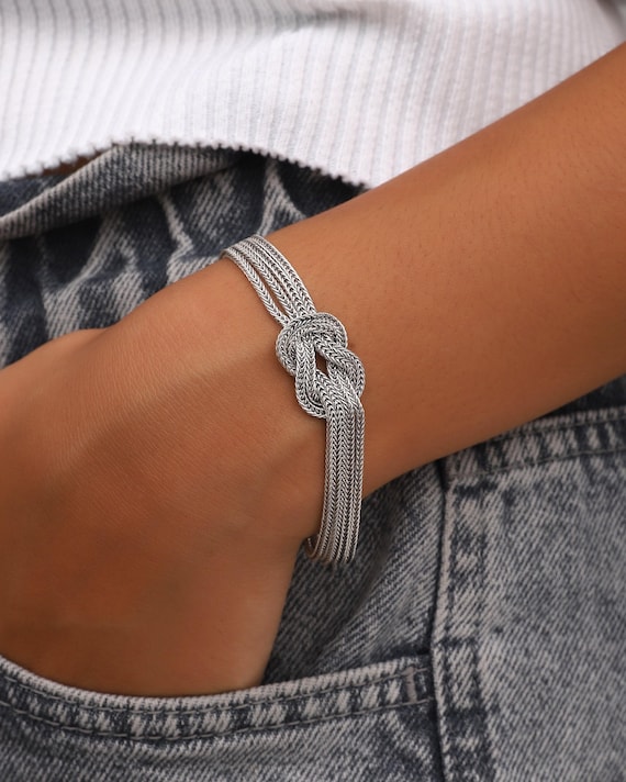 Handmade Sterling Silver Love Knot Women Bracelet: Dainty Infinity Chain Link Oxidized Jewelry