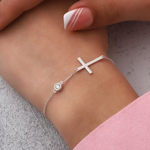 Women Silver Cross Bracelet , Religious Sterling Silver Bracelet, Handmade Cross Chain Zircon Beaded Bracelet, Gift for her