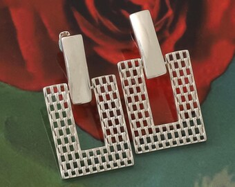 Geometric Sterling Silver Dangle Earrings: Art Deco Grid Statement Jewelry For Women