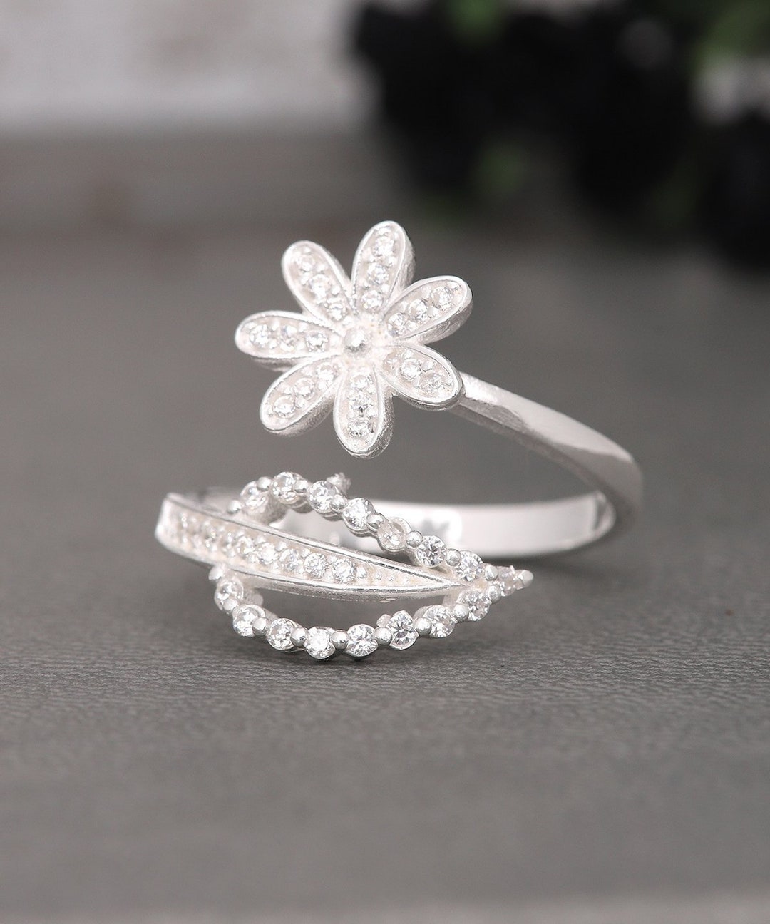 Flower Adjustable - Sterling 925 Etsy Ring Gift Ring, Unique Zircon Silver Ring, Silver Ring, & Size Free Dainty