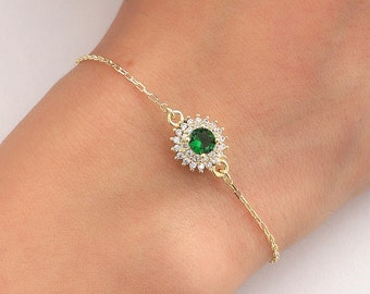 Green Zircon Bracelet: 14K Gold Plated Sterling Silver Minimalist Jewelry
