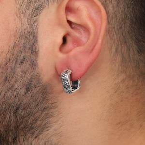 Textured Sterling Silver Hoop Earring - Boho Men&#39;s Single Earring
