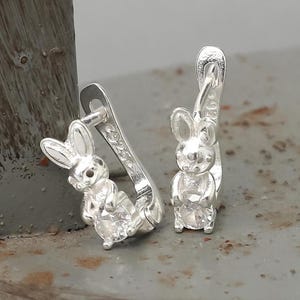 Sterling Silver Rabbit Earrings: Zircon Bunny Studs