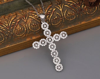 Sterling Silver Women Cross Necklace: Star Zircon Religious Pendant For Her
