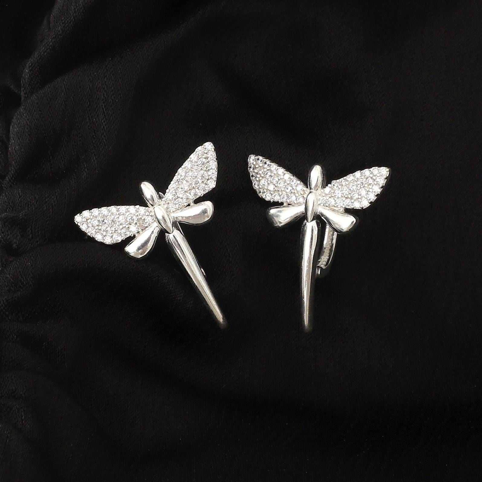 Sterling Silver Dragonfly Earrings: Zircon Stones, Whimsical Jewelry