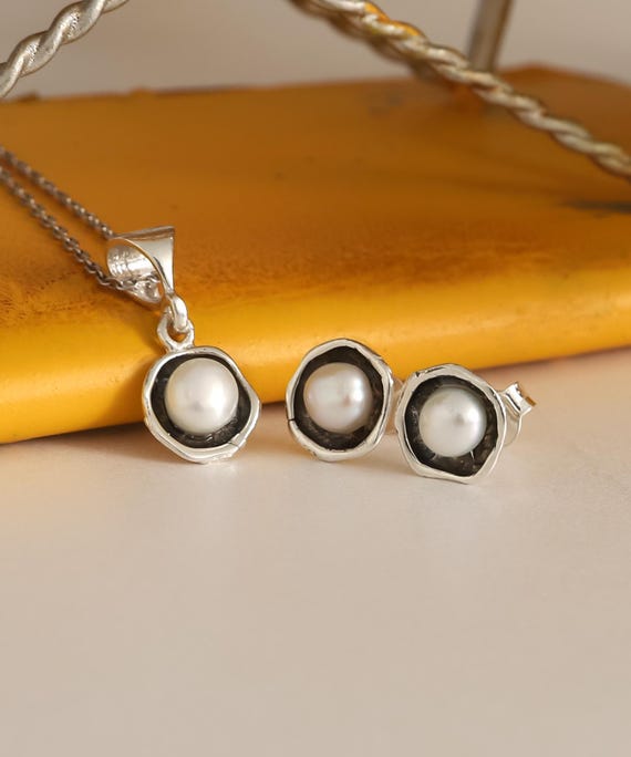Boho Sterling Silver Pearl Women Jewelry Set - Vintage Handmade Earrings Necklace For Her