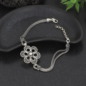 Sterling Silver Filigree Flower Bracelet: Boho Vintage Artisan Jewelry