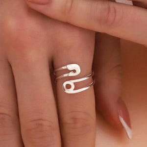 Sterling Silver Safety Pin Ring: Modernist Adjustable Wrap Unique Women Ring