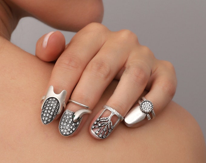 Nail Rings, Boho Women Adjustable Ring Set, Fine Silver Plated 4 Pcs Fingernail Jewelry