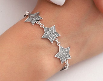 Women 925K Sterling Silver Star Bracelet, Silver Bracelet, Knitting Sterling Silver Jewelry Star Bracelet , Oxidized Women Bracelet